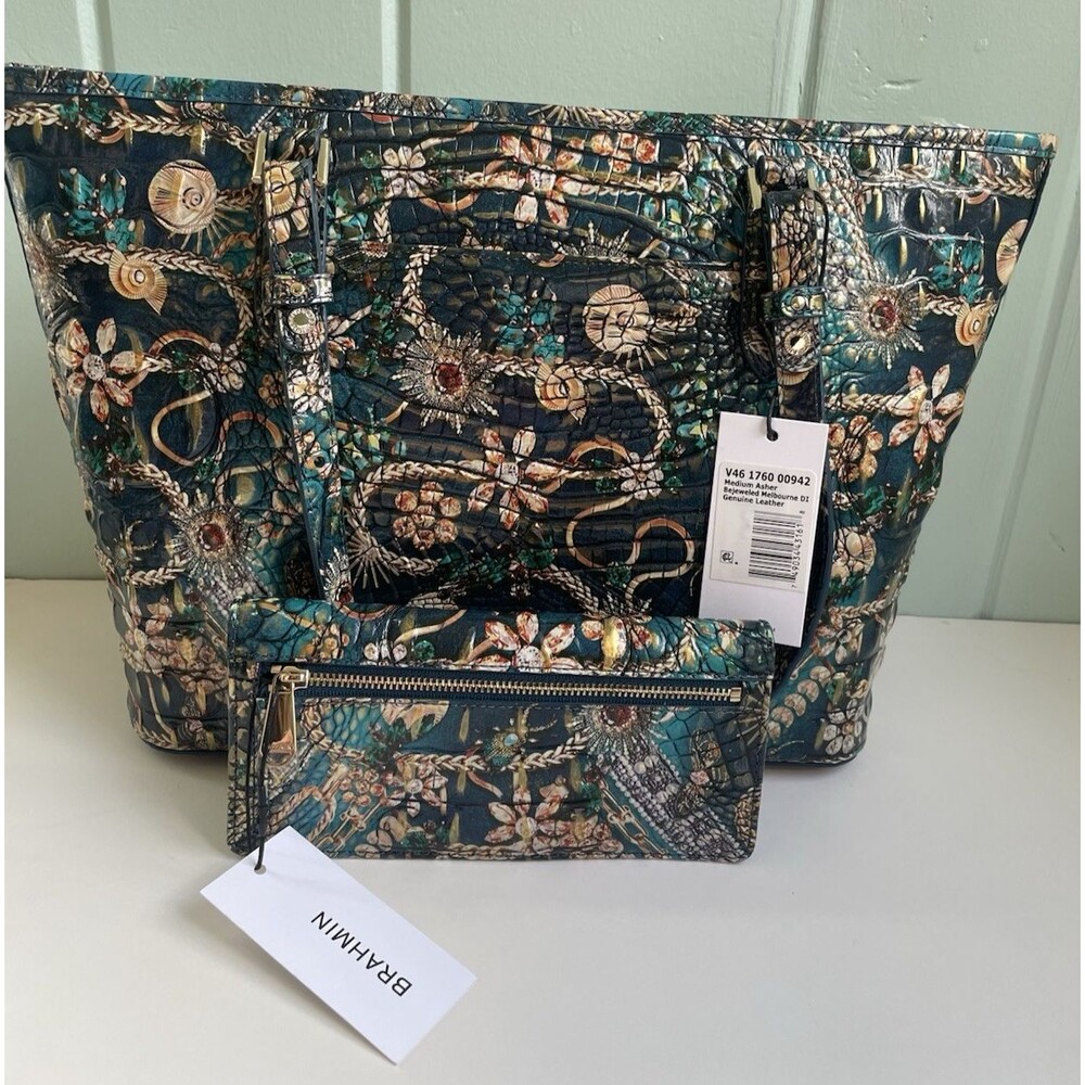 NWT Brahmin Medium Asher Bejeweled Melbourne Leather Tote and Ady Wallet